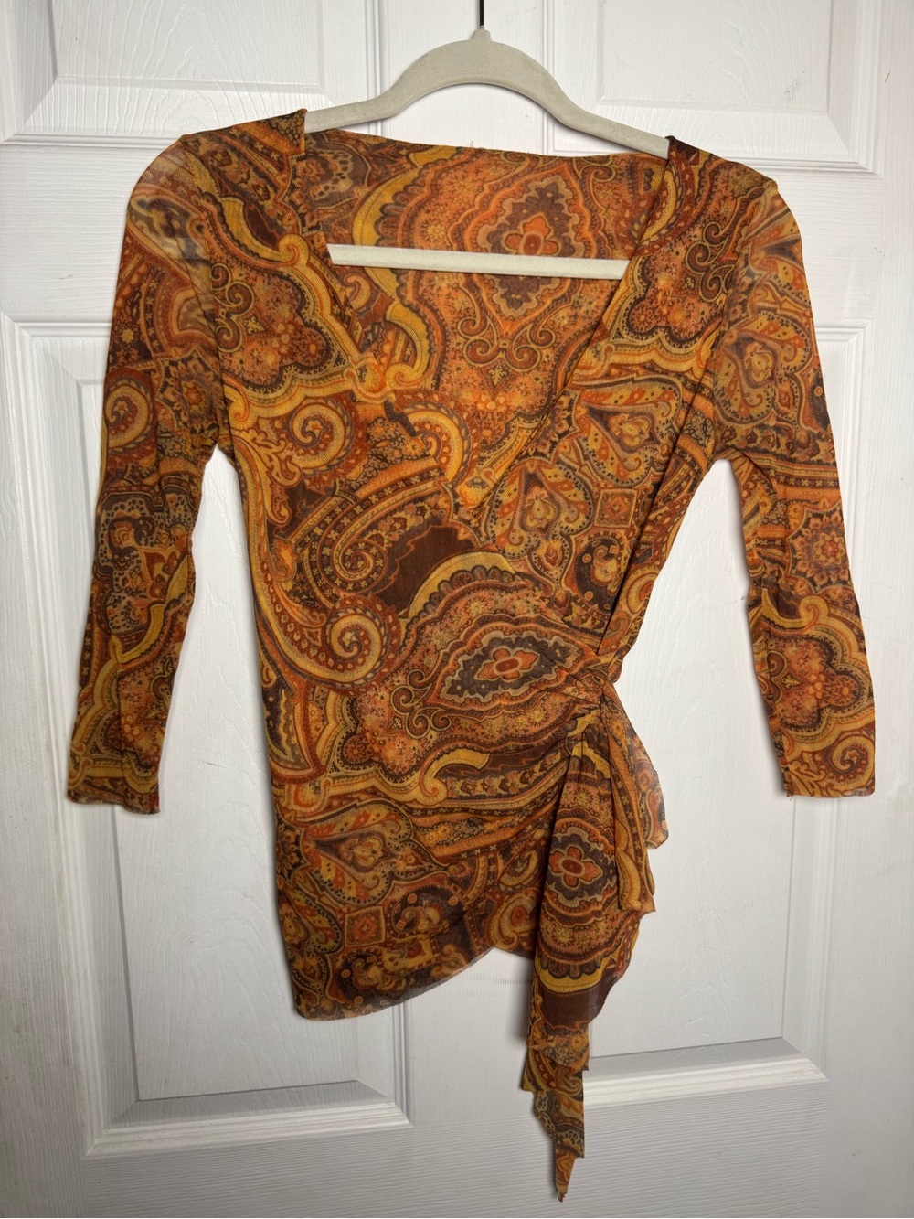 Vintage Y2K Paisley Mesh Sheer Faux Wrap Side Scrunch Top Fairycore Boho Retro